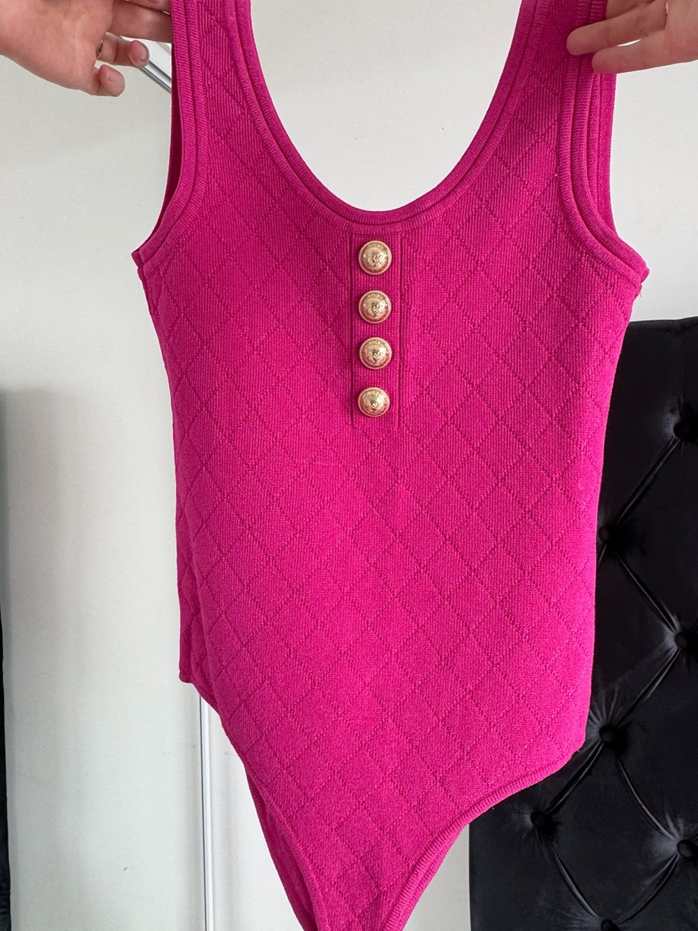 ✨Authentic Balmain Hot Pink Knit Tank Bodysuit with Gold Buttons✨Size 38